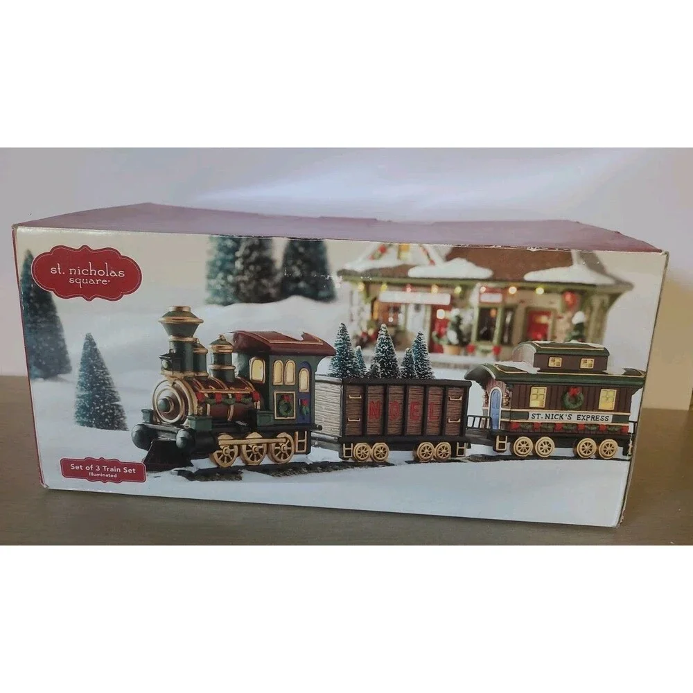 St Nicholas Square Train Set 3 Piece Illuminated Christmas Village Accessory Box
